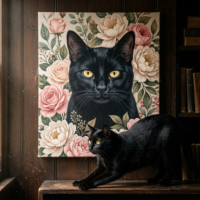 Floral Portrait Cat Canvas room mockup; custom cat portrait canvas from photo in the Floral Portrait Cat style; black cat; proof before print.