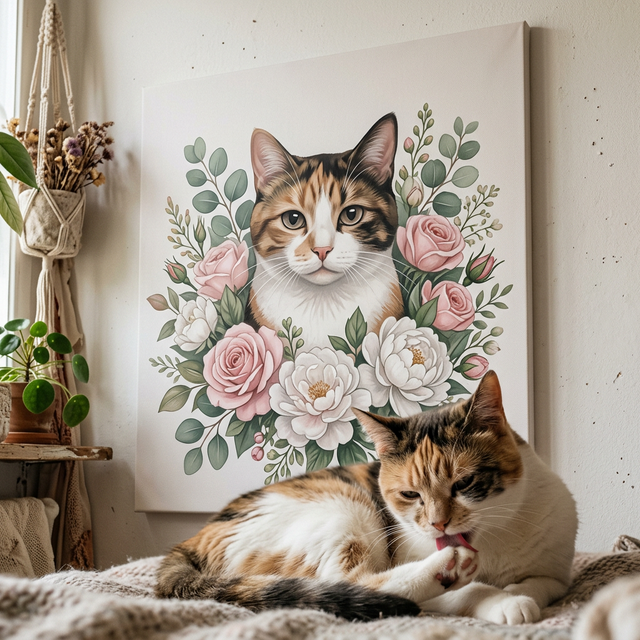 Floral Portrait Cat Canvas room mockup; custom cat portrait canvas from photo in the Floral Portrait Cat style; calico cat; proof before print.