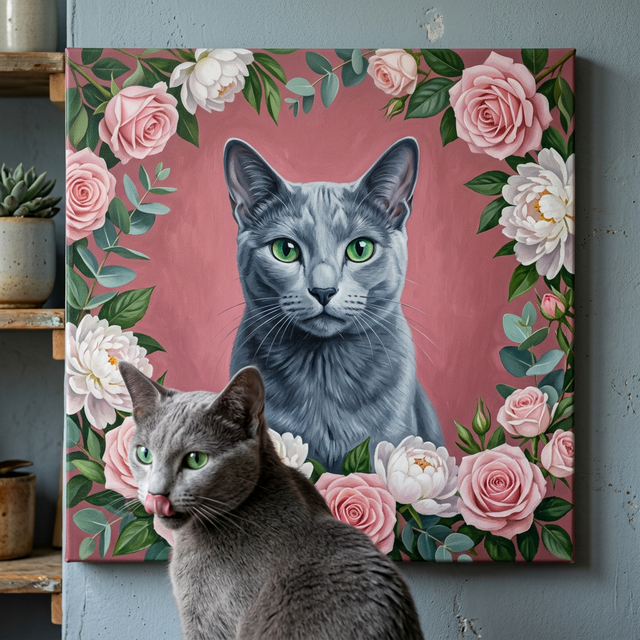 Floral Portrait Cat Canvas room mockup; custom cat portrait canvas from photo in the Floral Portrait Cat style; gray cat; proof before print.