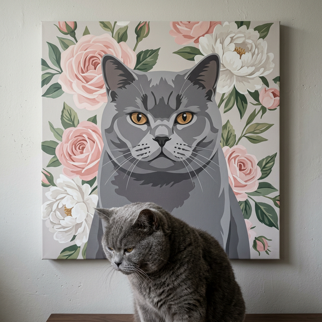Floral Portrait Cat Canvas room mockup; custom cat portrait canvas from photo in the Floral Portrait Cat style; gray cat; proof before print.