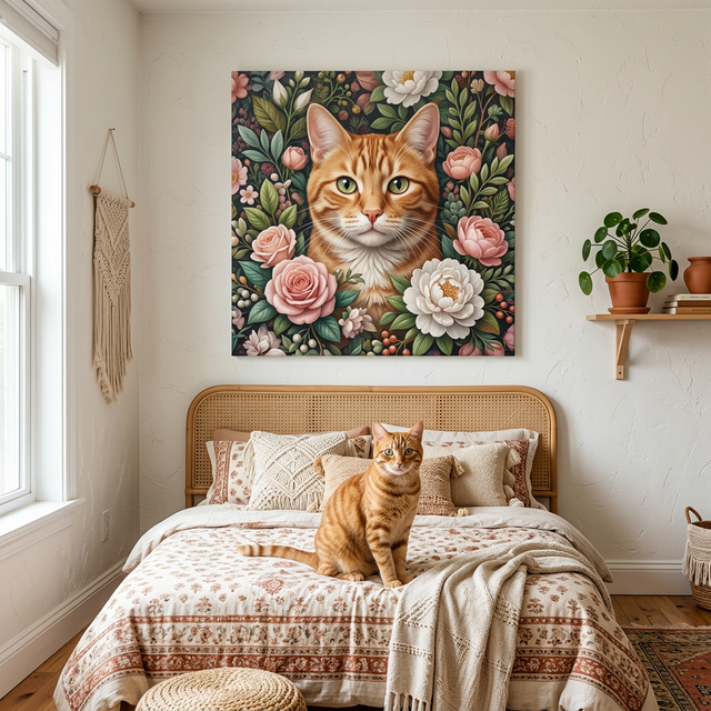 Floral Portrait Cat Canvas room mockup; custom cat portrait canvas from photo in the Floral Portrait Cat style; orange tabby cat; proof before print.