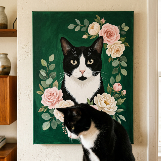 Floral Portrait Cat Canvas room mockup; custom cat portrait canvas from photo in the Floral Portrait Cat style; tuxedo cat; proof before print.