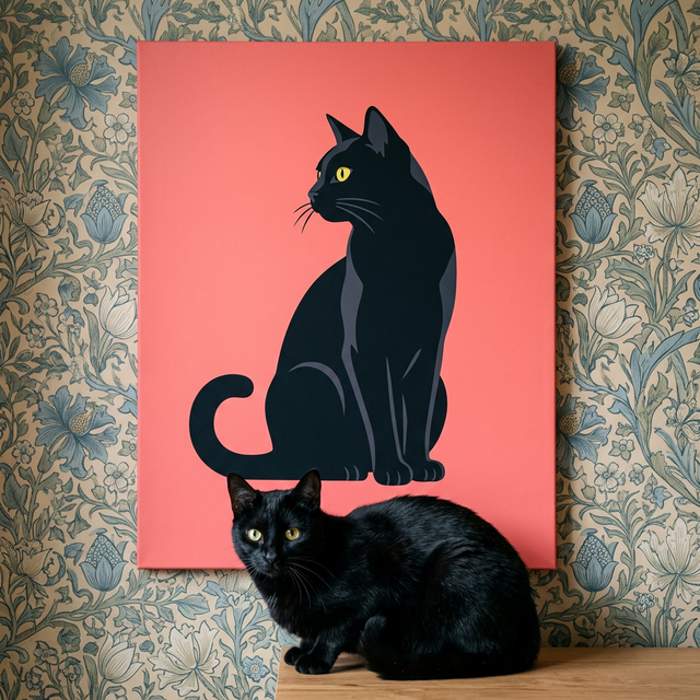 Folk Graphic Cat Canvas room mockup; custom cat portrait canvas from photo in the Folk Graphic Cat style; black cat; proof before print.