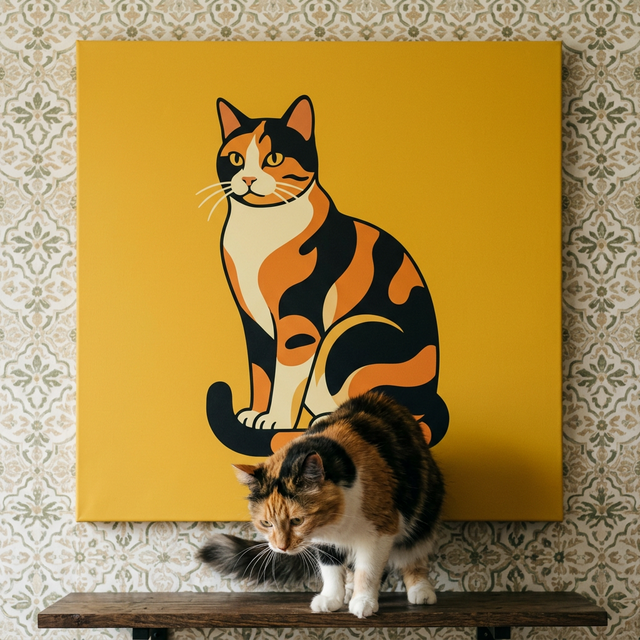 Folk Graphic Cat Canvas room mockup; custom cat portrait canvas from photo in the Folk Graphic Cat style; calico cat; proof before print.