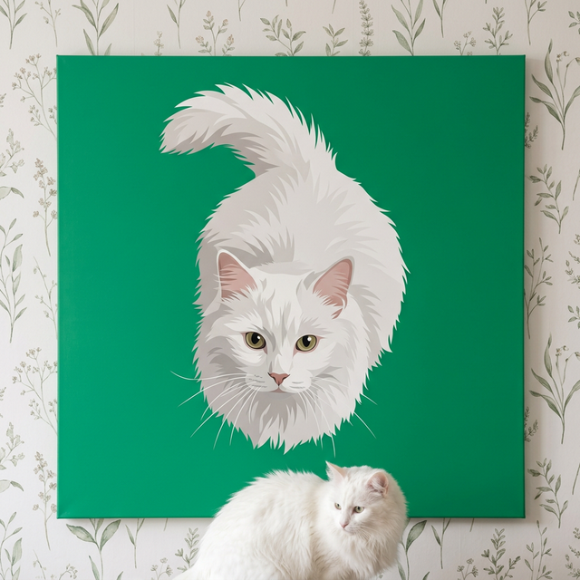 Folk Graphic Cat Canvas room mockup; custom cat portrait canvas from photo in the Folk Graphic Cat style; longhair cat; proof before print.