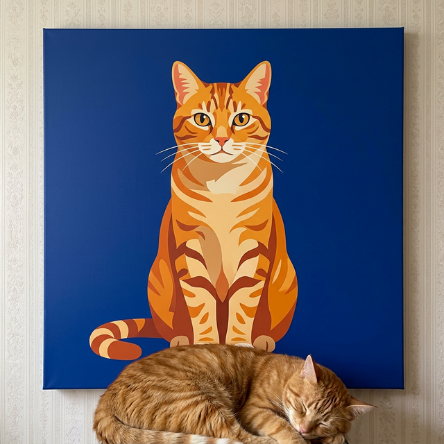 Folk Graphic Cat Canvas room mockup; custom cat portrait canvas from photo in the Folk Graphic Cat style; orange tabby cat; proof before print.