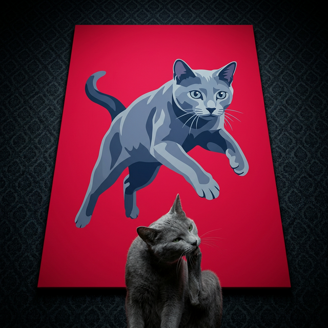Folk Graphic Cat Canvas room mockup; custom cat portrait canvas from photo in the Folk Graphic Cat style; gray cat; proof before print.