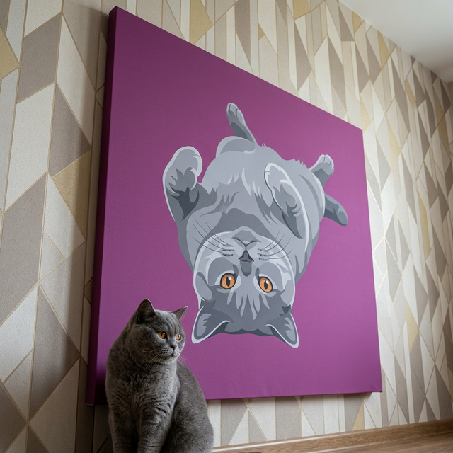 Folk Graphic Cat Canvas room mockup; custom cat portrait canvas from photo in the Folk Graphic Cat style; gray cat; proof before print.