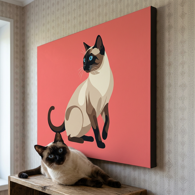 Folk Graphic Cat Canvas room mockup; custom cat portrait canvas from photo in the Folk Graphic Cat style; pointed cat; proof before print.