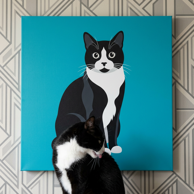 Folk Graphic Cat Canvas room mockup; custom cat portrait canvas from photo in the Folk Graphic Cat style; tuxedo cat; proof before print.