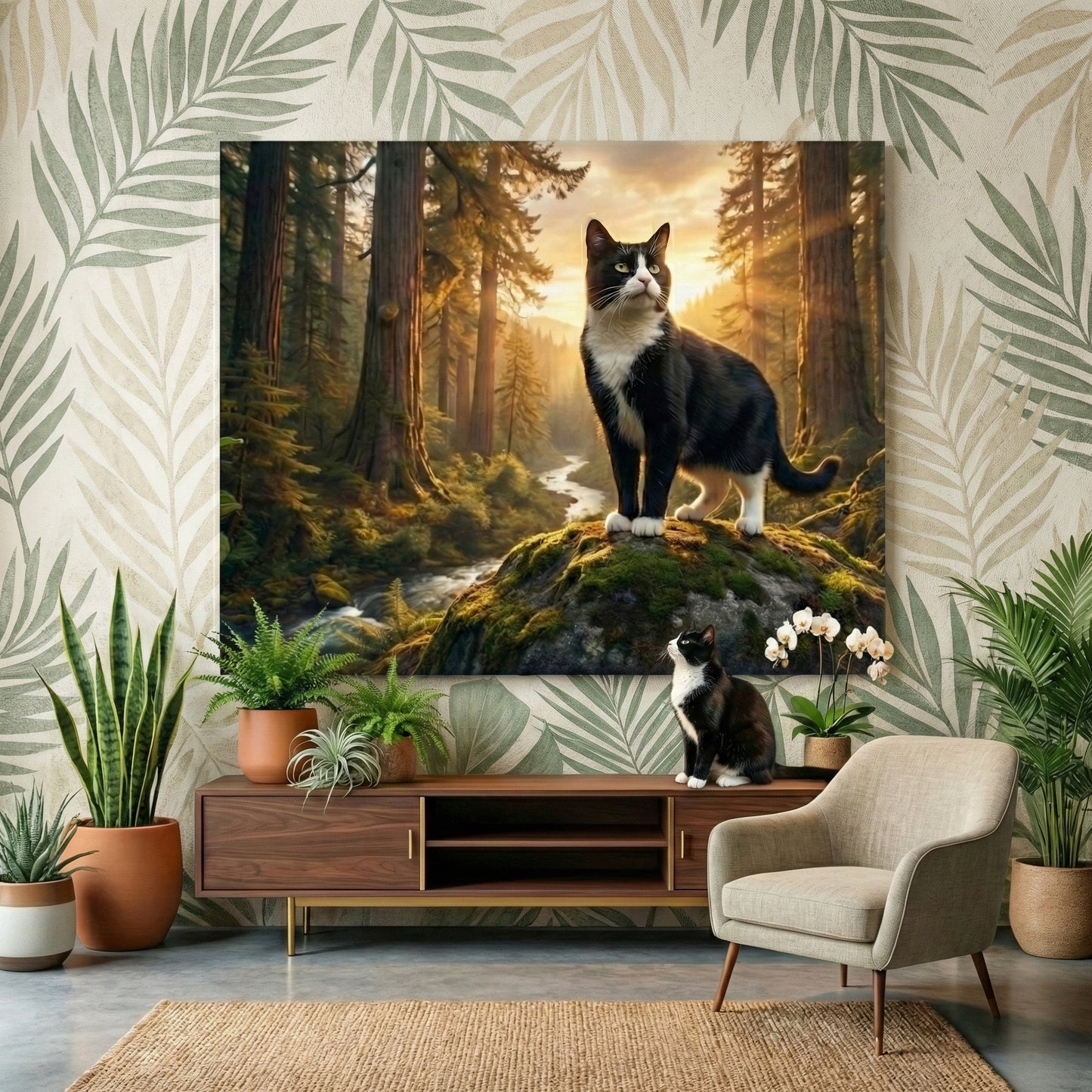 Woodland Sentinel Canvas room mockup; custom cat portrait canvas from photo in the Woodland Sentinel style; nature-themed; tuxedo cat; proof before print.