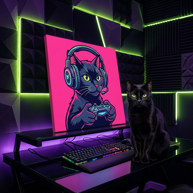Gamer Pop Cat Canvas room mockup; custom cat portrait canvas from photo in the Gamer Pop Cat style; black cat; proof before print.