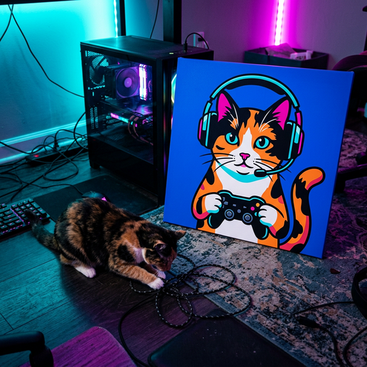 Gamer Pop Cat Canvas room mockup; custom cat portrait canvas from photo in the Gamer Pop Cat style; calico cat; proof before print.