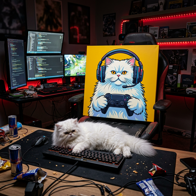 Gamer Pop Cat Canvas room mockup; custom cat portrait canvas from photo in the Gamer Pop Cat style; longhair cat; proof before print.