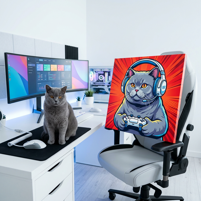 Gamer Pop Cat Canvas room mockup; custom cat portrait canvas from photo in the Gamer Pop Cat style; gray cat; proof before print.