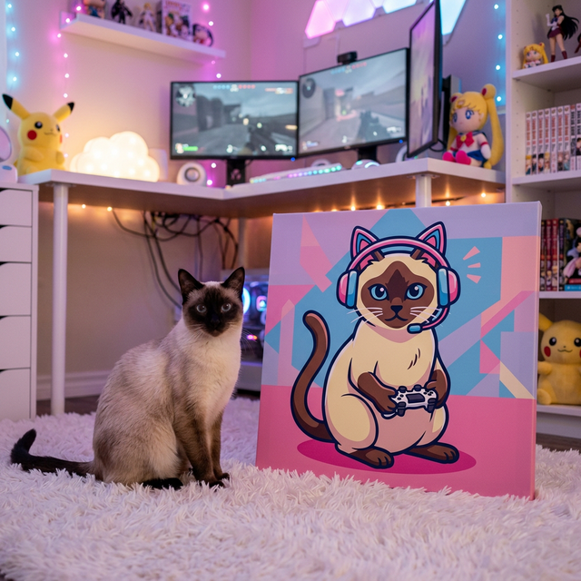 Gamer Pop Cat Canvas room mockup; custom cat portrait canvas from photo in the Gamer Pop Cat style; pointed cat; proof before print.