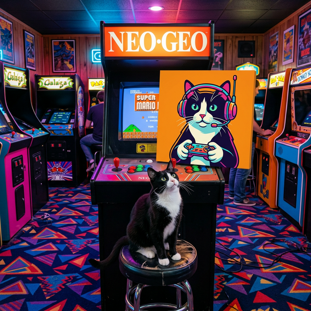 Gamer Pop Cat Canvas room mockup; custom cat portrait canvas from photo in the Gamer Pop Cat style; tuxedo cat; proof before print.