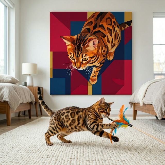 Modern Geometric Canvas room mockup; custom cat portrait canvas from photo in the Modern Geometric style; spotted tabby-like cat; proof before print.
