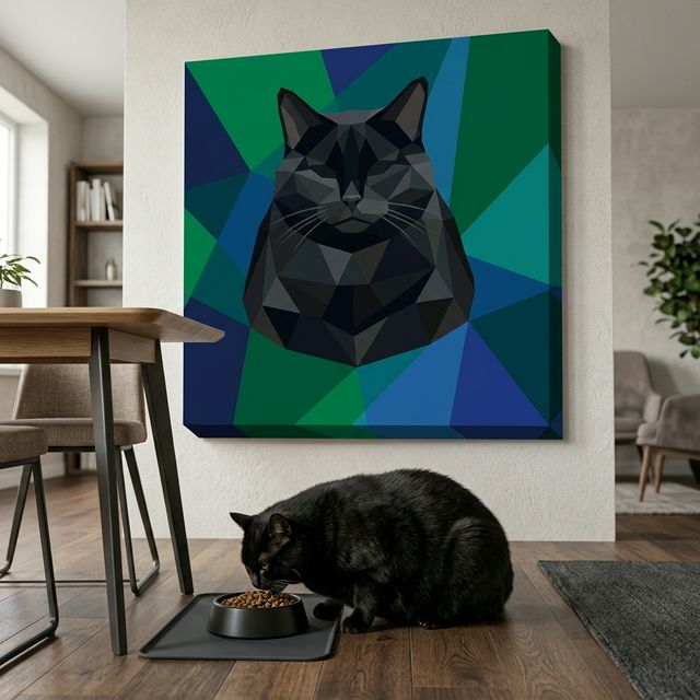 Modern Geometric Canvas room mockup; custom cat portrait canvas from photo in the Modern Geometric style; black cat; proof before print.