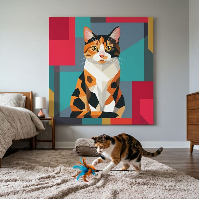 Modern Geometric Canvas room mockup; custom cat portrait canvas from photo in the Modern Geometric style; calico cat; proof before print.