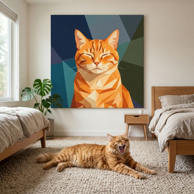 Modern Geometric Canvas room mockup; custom cat portrait canvas from photo in the Modern Geometric style; orange tabby cat; proof before print.