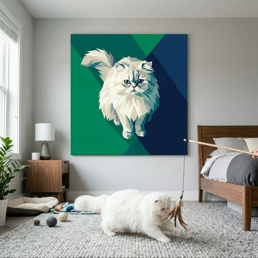 Modern Geometric Canvas room mockup; custom cat portrait canvas from photo in the Modern Geometric style; longhair cat; proof before print.