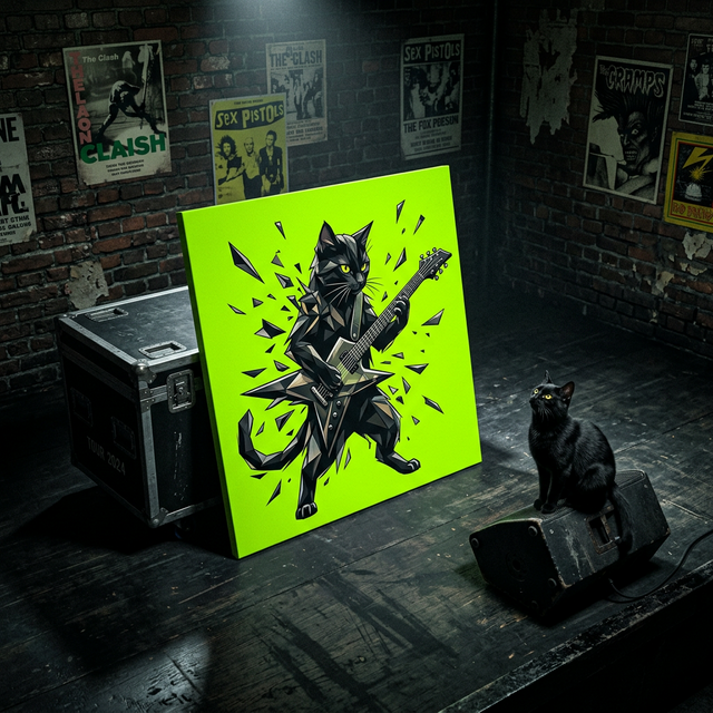 Geometric Rock Icon Canvas room mockup; custom cat portrait canvas from photo in the Geometric Rock Icon style; broadcast-themed; black cat; proof before print.