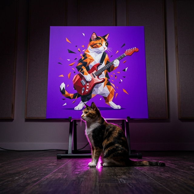 Geometric Rock Icon Canvas room mockup; custom cat portrait canvas from photo in the Geometric Rock Icon style; calico cat; proof before print.