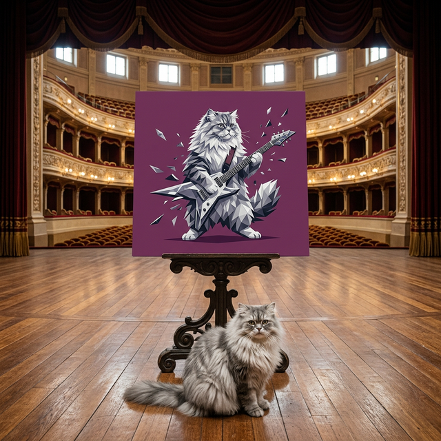 Geometric Rock Icon Canvas room mockup; custom cat portrait canvas from photo in the Geometric Rock Icon style; longhair cat; proof before print.