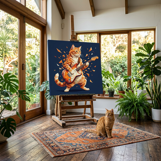 Geometric Rock Icon Canvas room mockup; custom cat portrait canvas from photo in the Geometric Rock Icon style; orange tabby cat; proof before print.