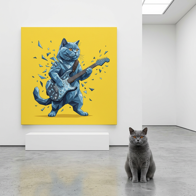 Geometric Rock Icon Canvas room mockup; custom cat portrait canvas from photo in the Geometric Rock Icon style; gray cat; proof before print.