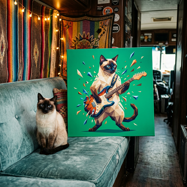 Geometric Rock Icon Canvas room mockup; custom cat portrait canvas from photo in the Geometric Rock Icon style; pointed cat; proof before print.