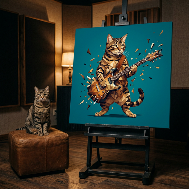 Geometric Rock Icon Canvas room mockup; custom cat portrait canvas from photo in the Geometric Rock Icon style; broadcast-themed; tabby cat; proof before print.