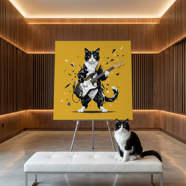 Geometric Rock Icon Canvas room mockup; custom cat portrait canvas from photo in the Geometric Rock Icon style; broadcast-themed; tuxedo cat; proof before print.