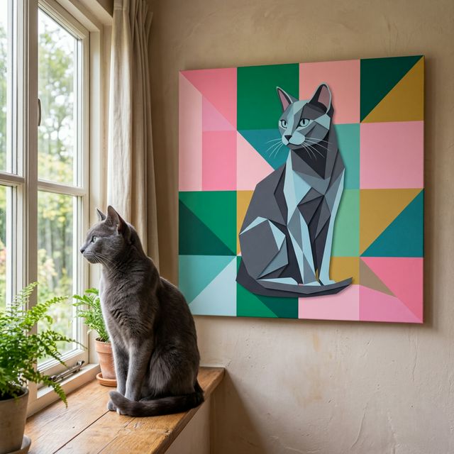 Modern Geometric Canvas room mockup; custom cat portrait canvas from photo in the Modern Geometric style; gray cat; proof before print.