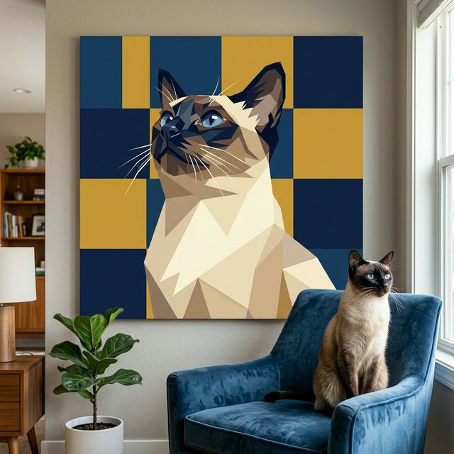 Modern Geometric Canvas room mockup; custom cat portrait canvas from photo in the Modern Geometric style; pointed cat; proof before print.