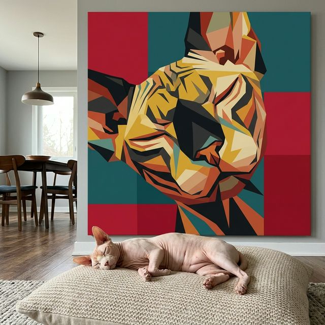 Modern Geometric Canvas room mockup; custom cat portrait canvas from photo in the Modern Geometric style; hairless cat; proof before print.