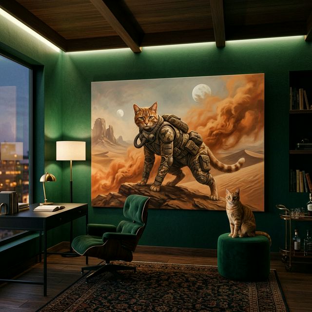 Desert Warrior Canvas room mockup; custom cat portrait canvas from photo in the Desert Warrior style; orange tabby cat; proof before print.