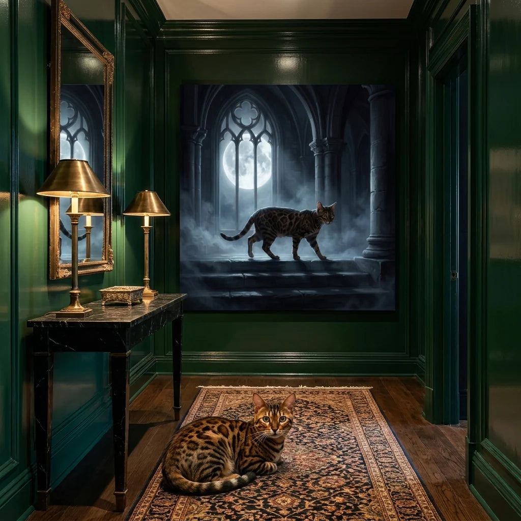 Moonlit Guardian Canvas room mockup; custom cat portrait canvas from photo in the Moonlit Guardian style; spotted tabby-like cat; proof before print.