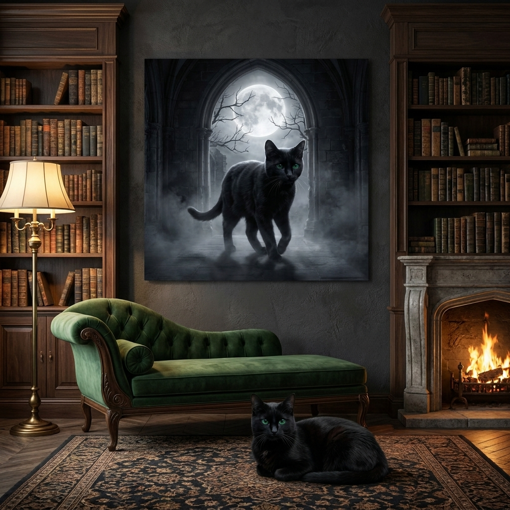 Moonlit Guardian Canvas room mockup; custom cat portrait canvas from photo in the Moonlit Guardian style; black cat; proof before print.