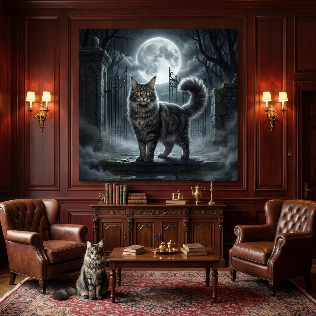 Moonlit Guardian Canvas room mockup; custom cat portrait canvas from photo in the Moonlit Guardian style; longhair cat; proof before print.