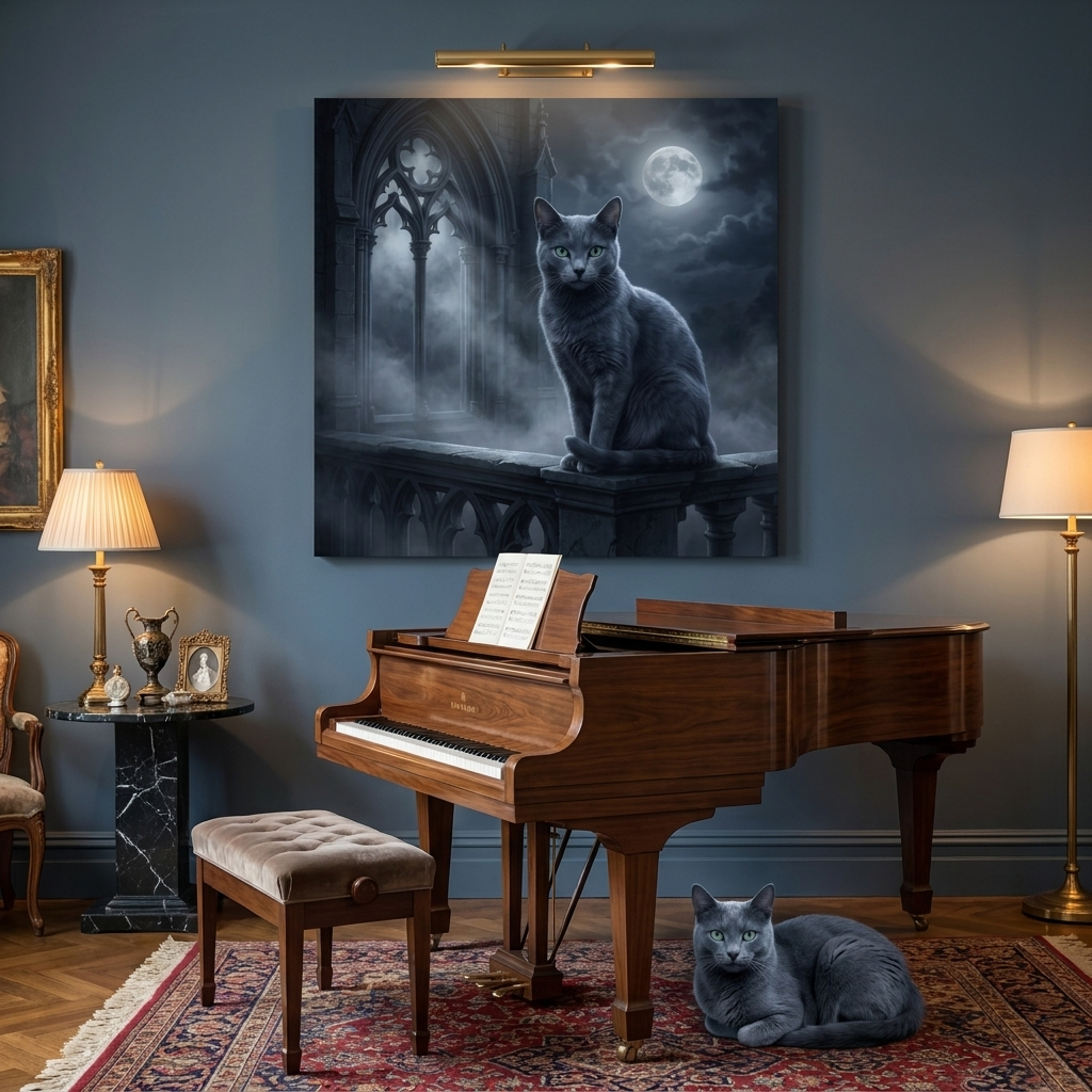 Moonlit Guardian Canvas room mockup; custom cat portrait canvas from photo in the Moonlit Guardian style; gray cat; proof before print.