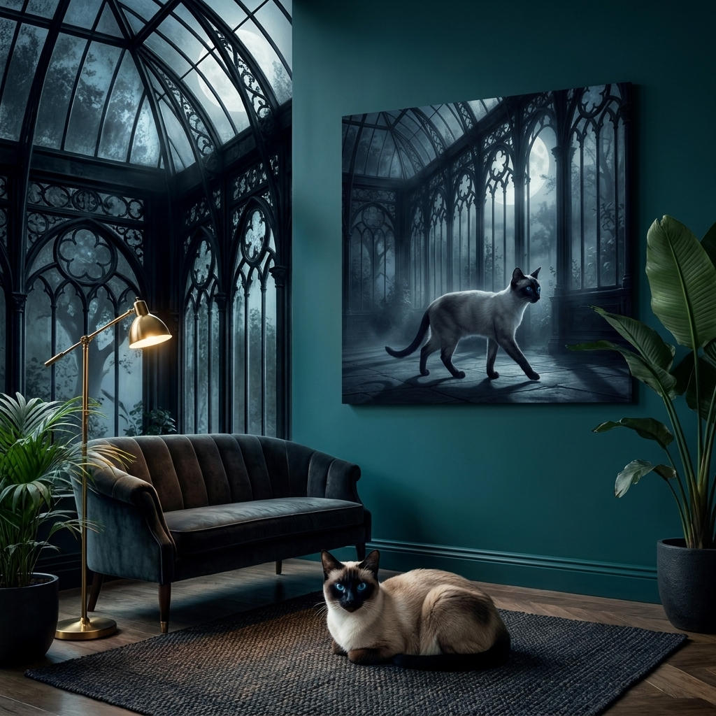 Moonlit Guardian Canvas room mockup; custom cat portrait canvas from photo in the Moonlit Guardian style; nature-themed; pointed cat; proof before print.