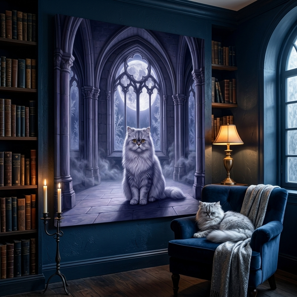 Moonlit Guardian Canvas room mockup; custom cat portrait canvas from photo in the Moonlit Guardian style; longhair cat; proof before print.