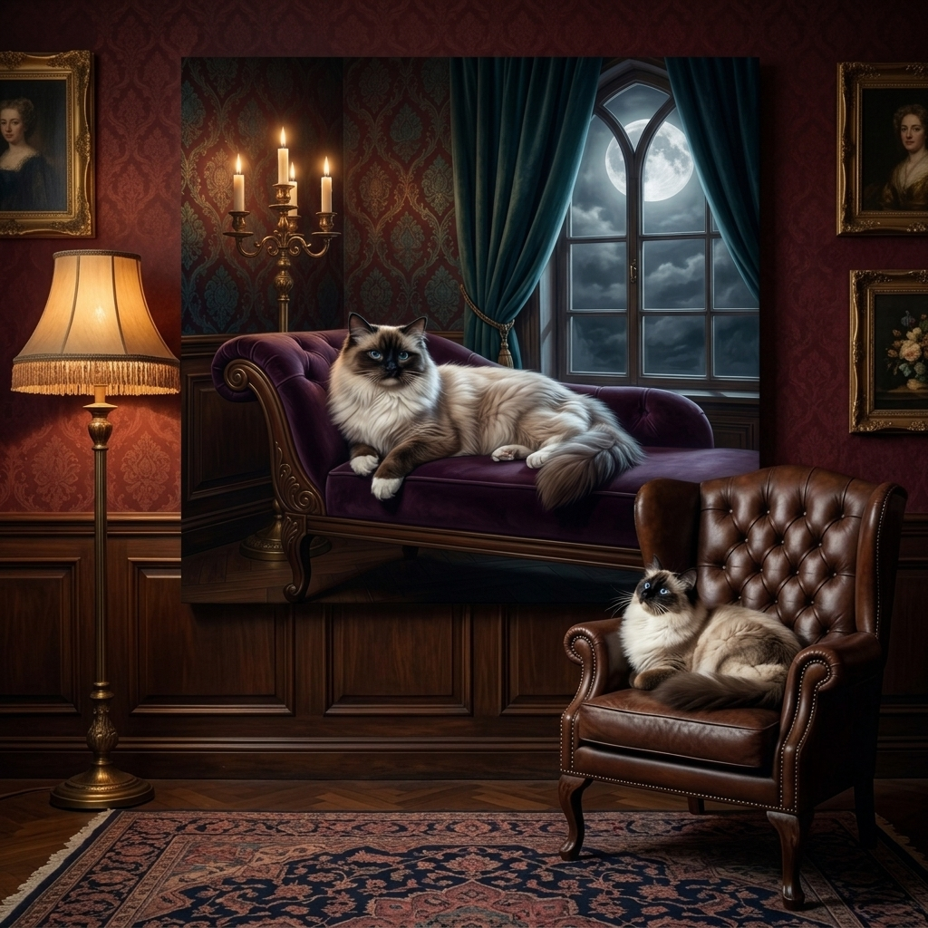Moonlit Guardian Canvas room mockup; custom cat portrait canvas from photo in the Moonlit Guardian style; longhair cat; proof before print.