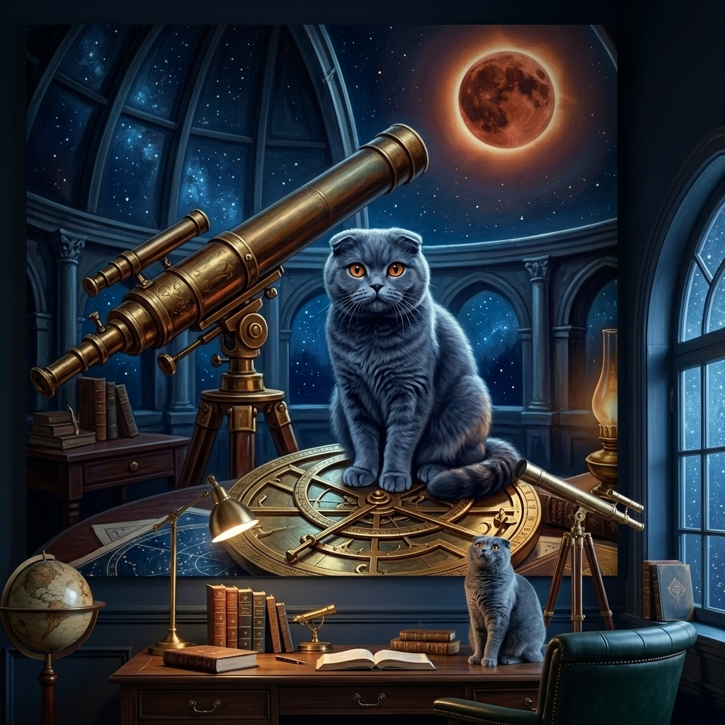 Moonlit Guardian Canvas room mockup; custom cat portrait canvas from photo in the Moonlit Guardian style; gray cat; proof before print.