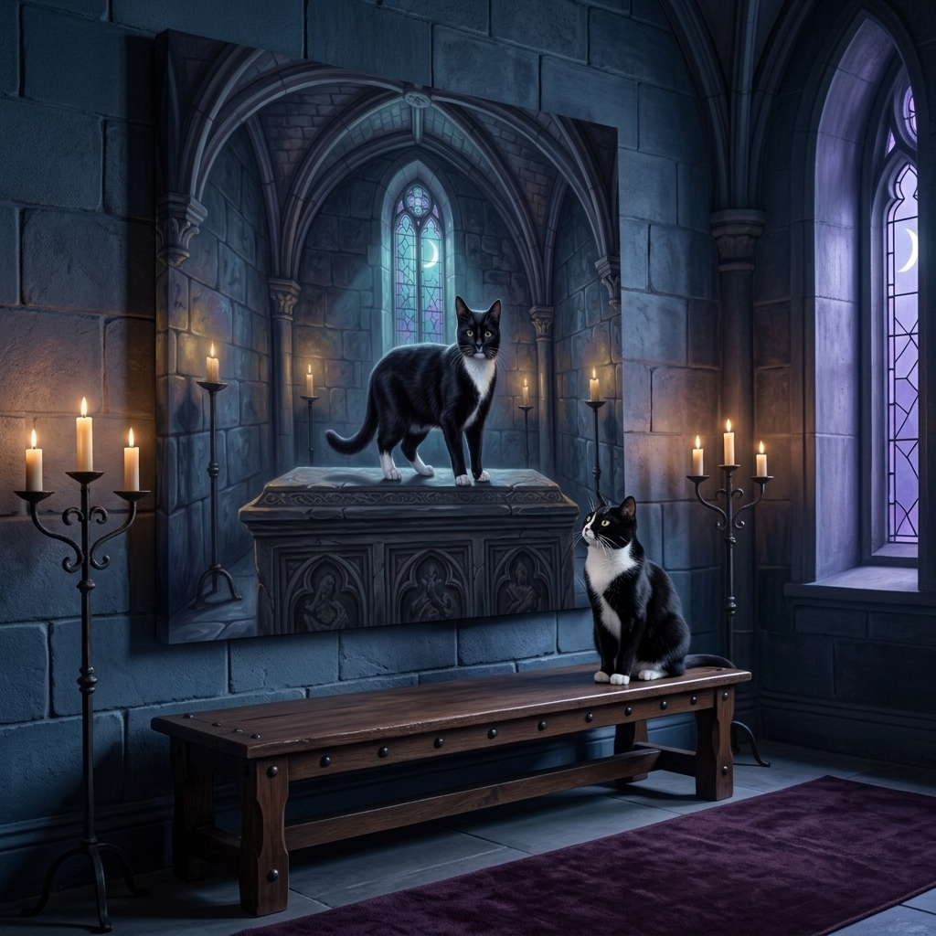 Moonlit Guardian Canvas room mockup; custom cat portrait canvas from photo in the Moonlit Guardian style; tuxedo cat; proof before print.