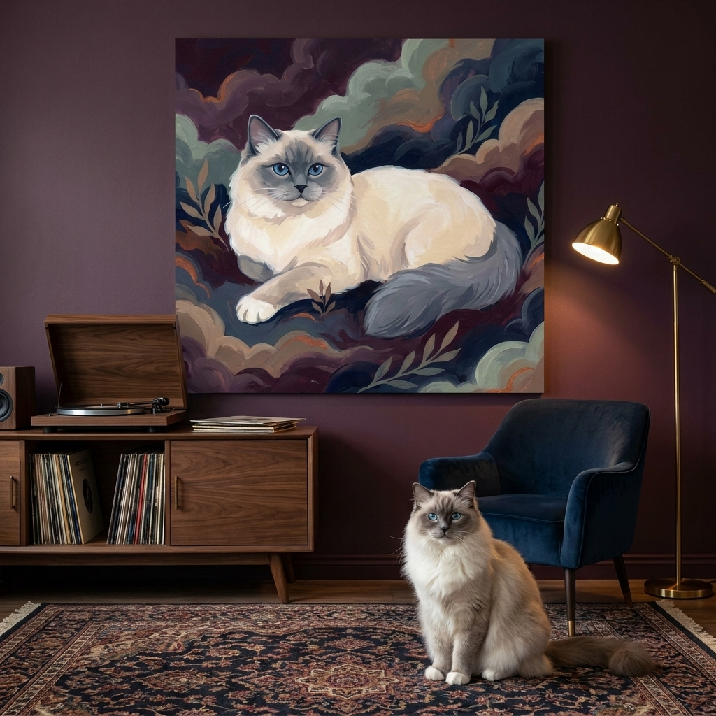 Gouache Canvas room mockup; custom cat portrait canvas from photo in the Gouache style; longhair cat; proof before print.