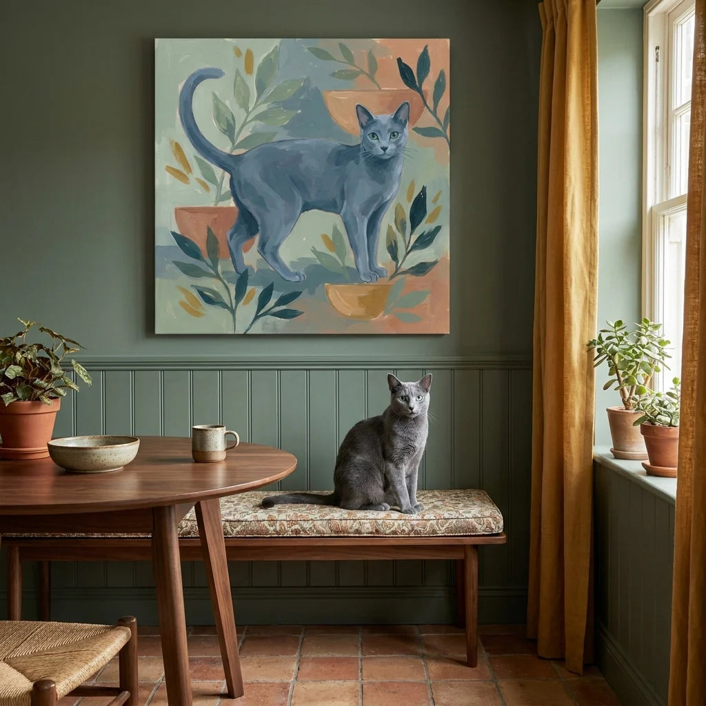 Gouache Canvas room mockup; custom cat portrait canvas from photo in the Gouache style; gray cat; proof before print.