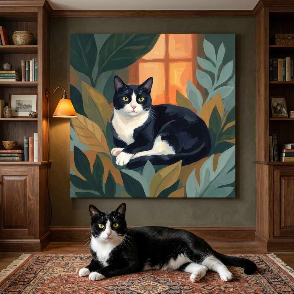 Gouache Canvas room mockup; custom cat portrait canvas from photo in the Gouache style; nature-themed; tuxedo cat; proof before print.